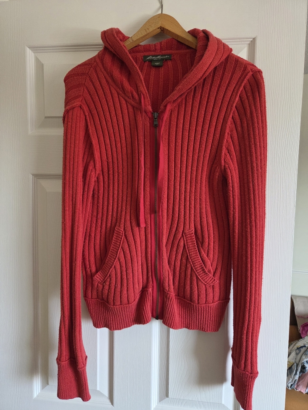 Eddie Bauer Red Ribbed Zip-Up Hoodie Sweater.